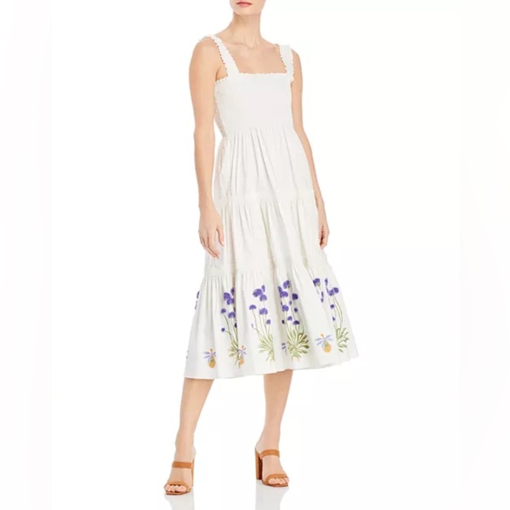 Tory Burch White Midi Dress with Purple Floral Design